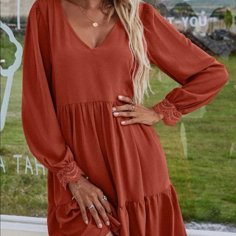 Solid Ruffle Hem Contrast Lace V Neck Dress